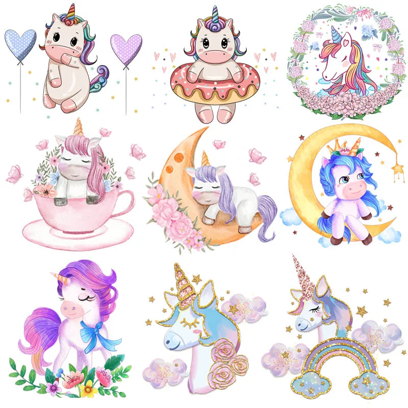 Rainbow Unicorn Heat Thermal Transfer For Clothing Stickers Cartoon Applique Iron-on Transfers For Clothes For Kids Clothes DIY