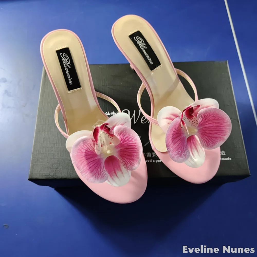 Summer Flower Embellished Stiletto Flip Flops Women Pink Peep Toe Outdoor Beach Slippers 2025 New Fashion Slip On Sandals