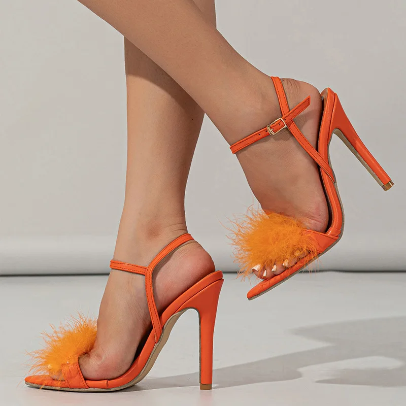 Fashion Design Feather Women Pumps Sexy Pointed Toe  Buckle Strap High Heels Wedding Prom Shoe PU Sandal Orange red Thin Heels