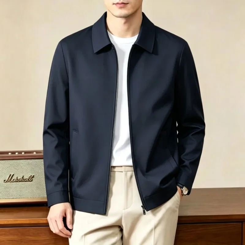 Herrenjacke mit Umlegekragen im Old-Money-Stil, einfarbig, lässige Oberbekleidung, Herbst 2026, neue Reißverschlussjacke – Detail 4