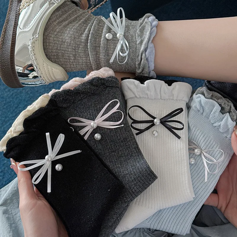 

Lace New Pearl Pile Socks Best Friend Gift Versatile Boneless Bow Trendy Ballet Style Tube Socks Women Accessories Wholesale