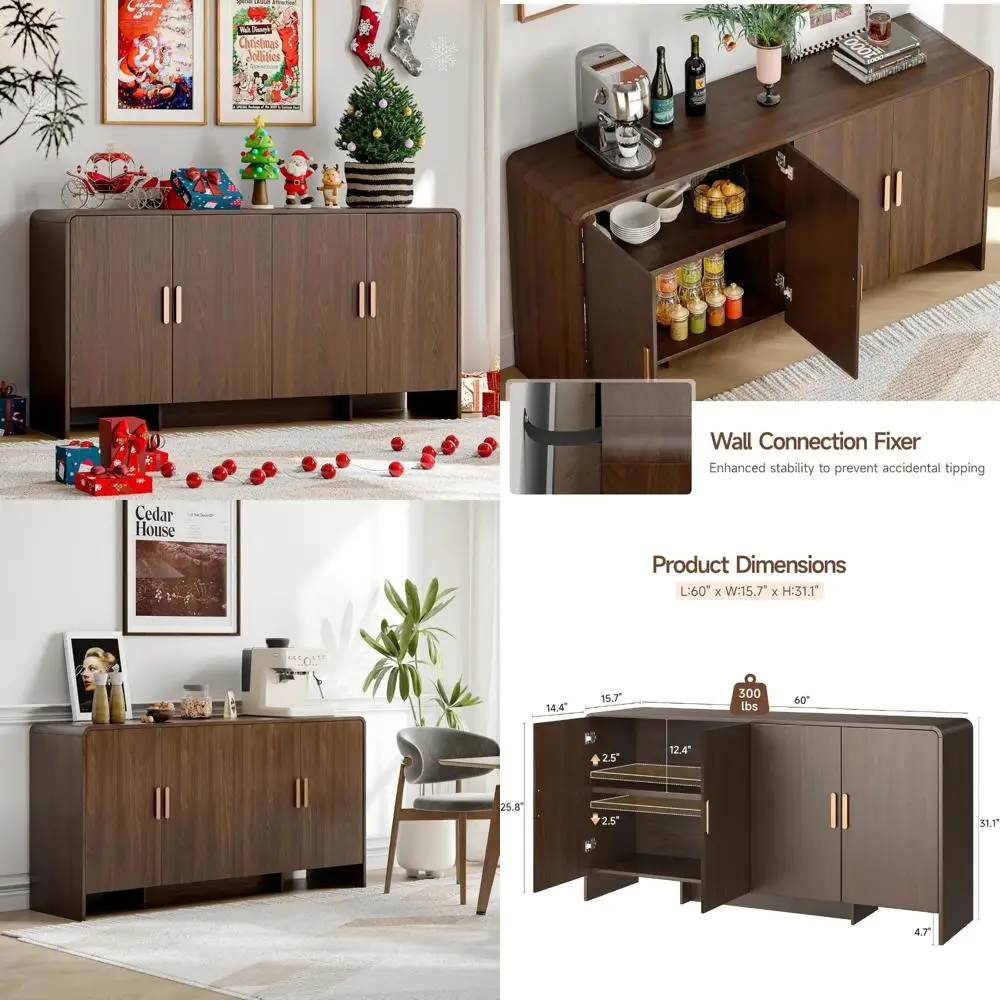 

Curved Design Farmhouse Sideboard Buffet Cabinet with 4 Doors and Adjustable Shelves
