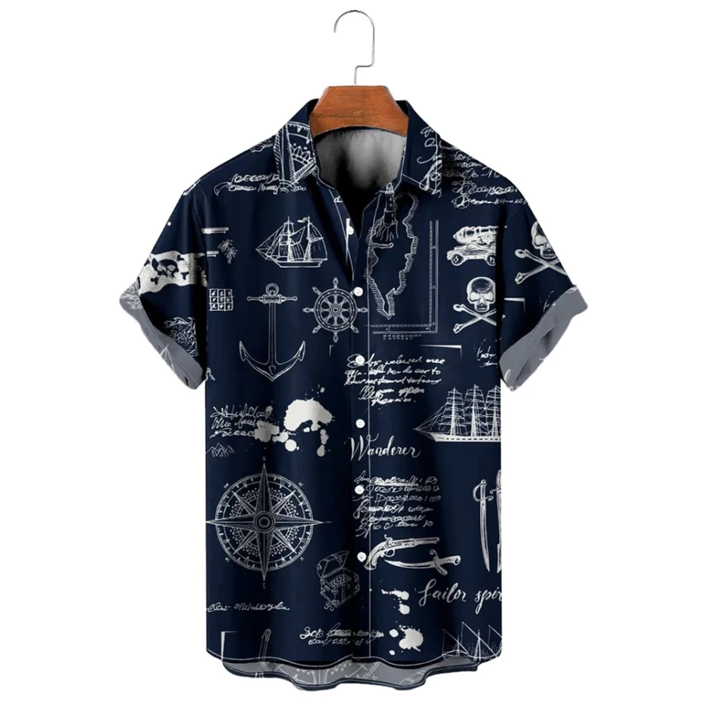 Retro Harajuku Blue Space War Planet Robot Short Hawaiian Casual Shirt Men with Print Vintage Floral Stylish Fit Men\'s Clothing