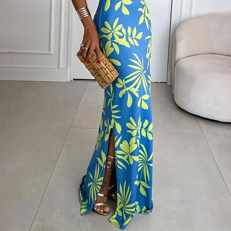 Wefads Long Dress Women Summer Beach Casual Printed Sleeveless Halter Neck Backless Hollow Out Slit Nipped Waist Maxi Dresses