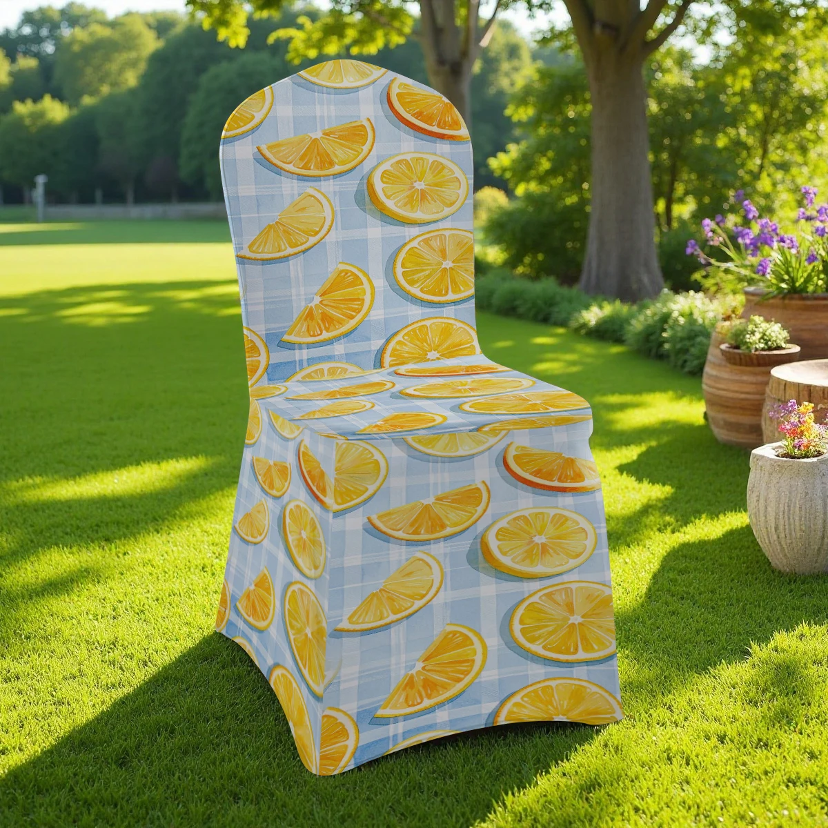 2D Lemon Slice Plaid Printed Stretch Chair Cover, Full - Coverage Universal for Hotel, Home & Outdoor. Ela
