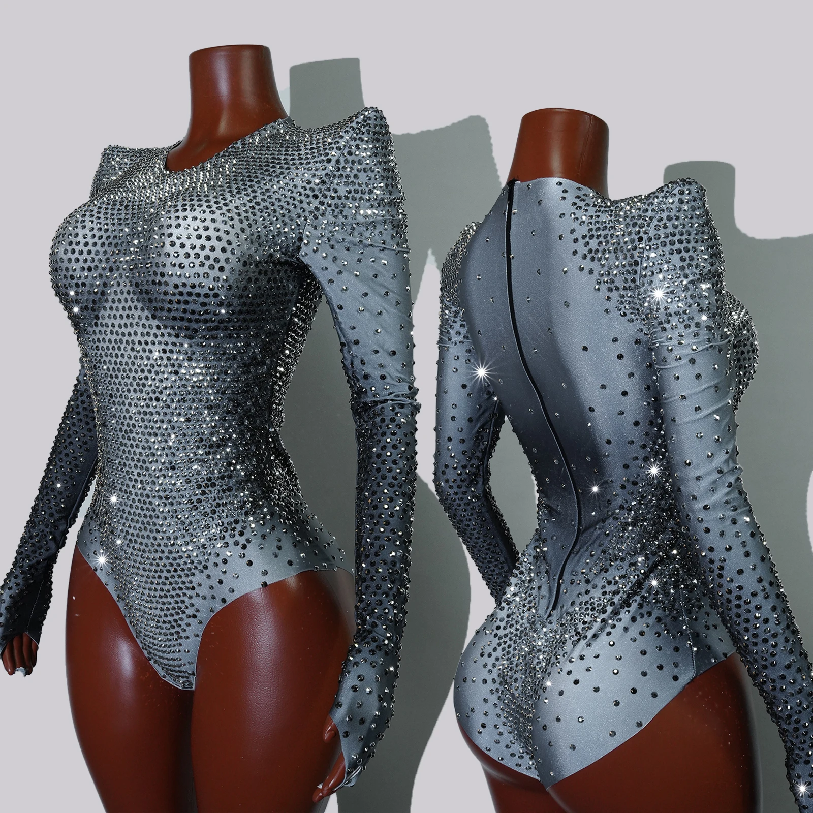 Body brillante con diamantes de imitación plateados, traje de cantante de manga larga, traje de actuación, espectáculo de danza Gogo, fiesta de arrastre, celebración
