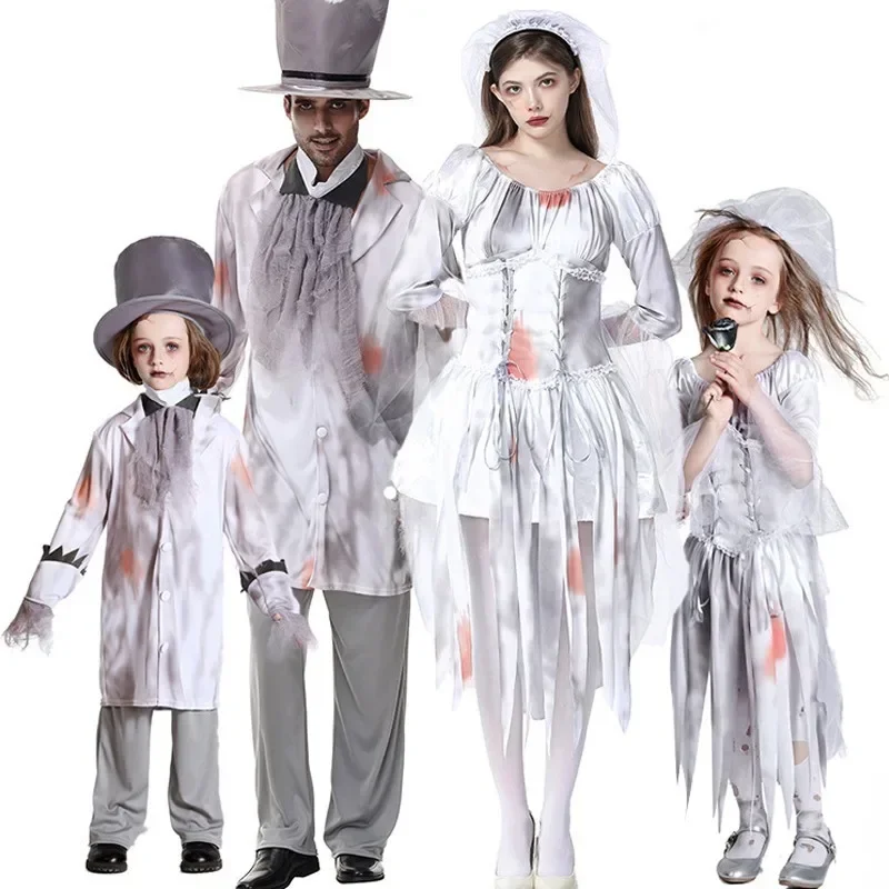 Women Long Ghost Bride Costume Halloween Tattered Bloody Wedding Dress Scary Zombie Outfit Masquerade Horror Party Dress PS66