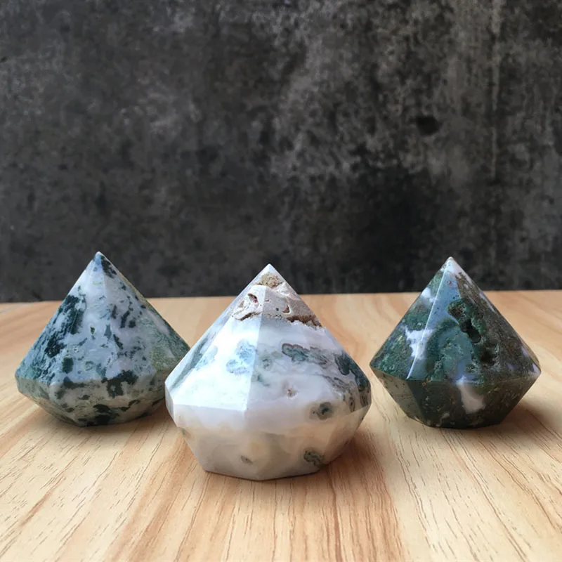 Natural Green Moss Agate Carving Diamond Tower Crystal Pyramid Ornaments Ocean Grass Agate Stones For Meditation Yoga Witch