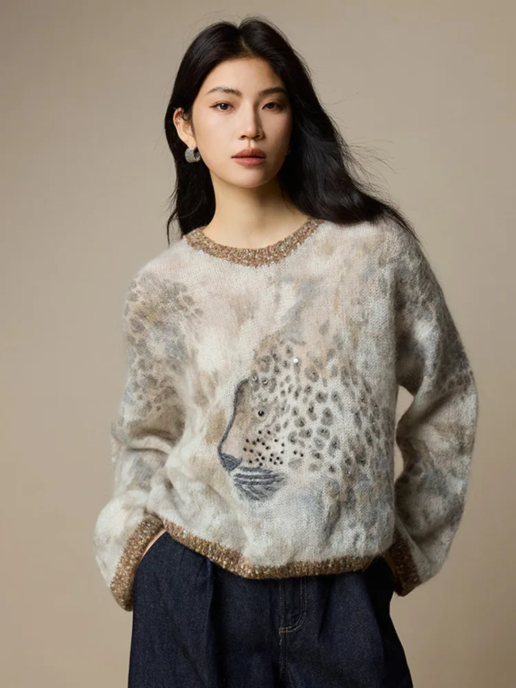 

Vintage Leopard Mohair Sweater,Autumn Winter Women Wool Blend Beading Pullovers,Cartoon Pattern knitwear