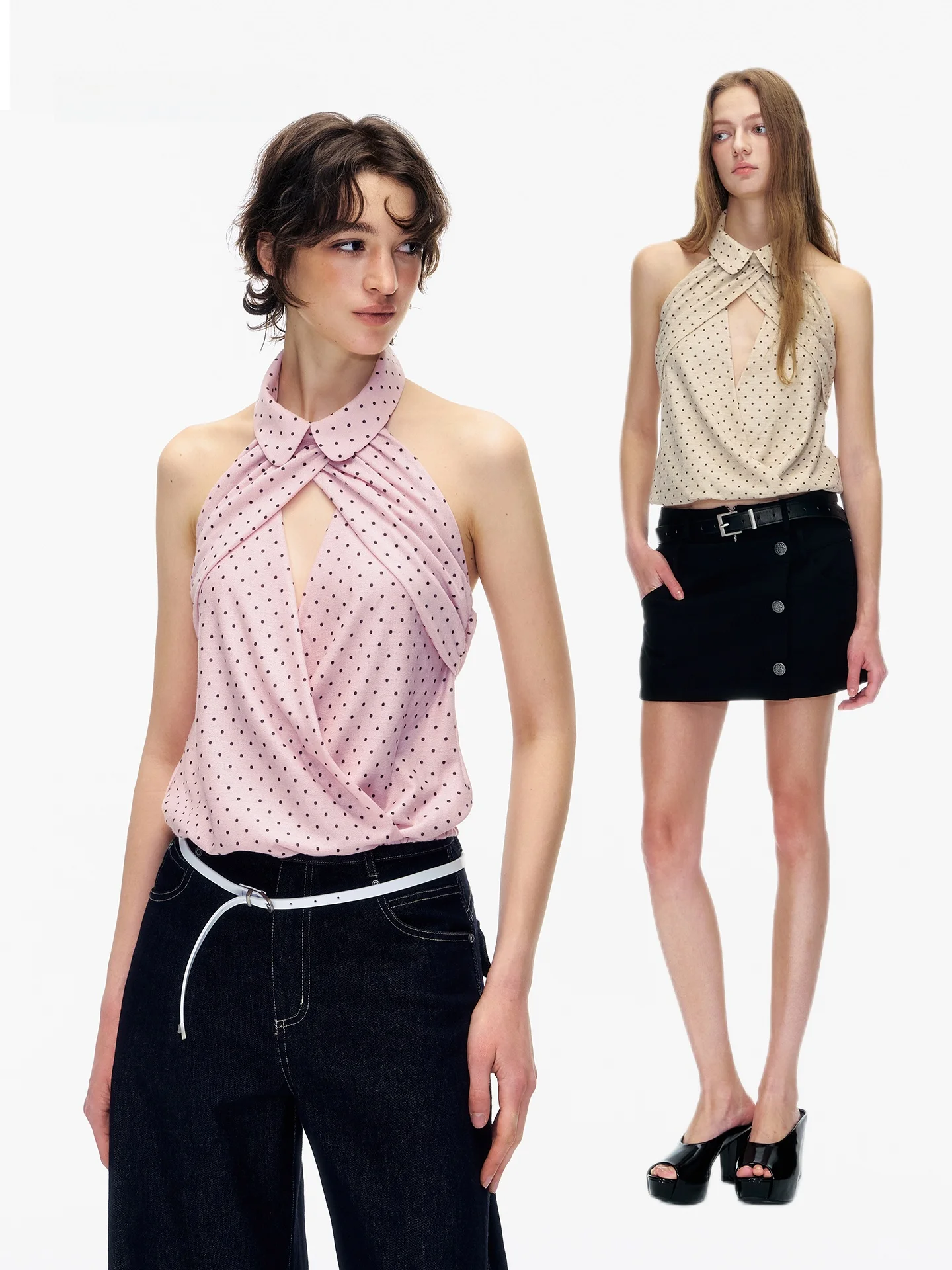 

Retro Polka Dot off oulder Top with Pleated Design Baby Doll Collar Loose Fit Women's Sexy Sle Polyester Fiber Vest