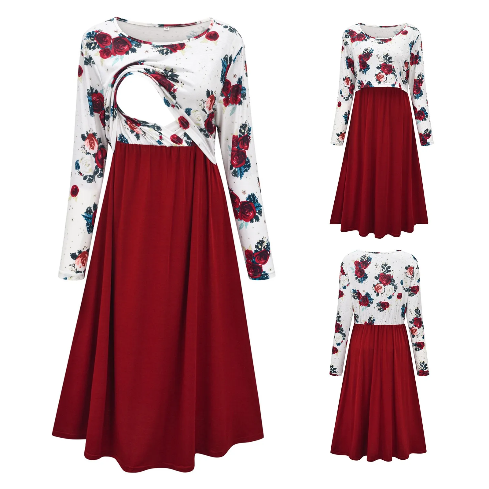 بلوزة الأمومة للنساء الأمومة الأم عادية كم طويل طاقم الرقبة الأزهار فستان حمل كم طويل قبالة الكتف #2