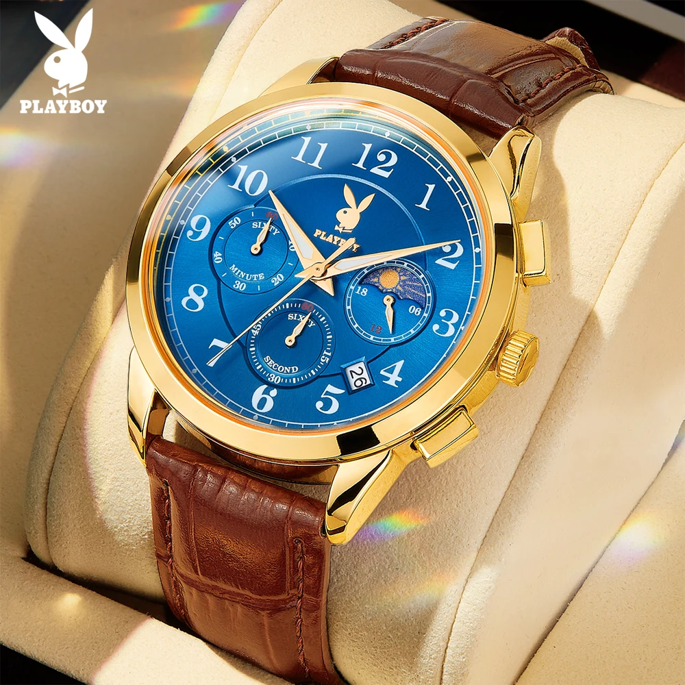 

Часы PLAYBOY для мужчин, оригинальные многофункциональные кварцевые наручные часы с ремешком из натуральной кожи, 24-часовой хронограф с фазами луны, модель 3027