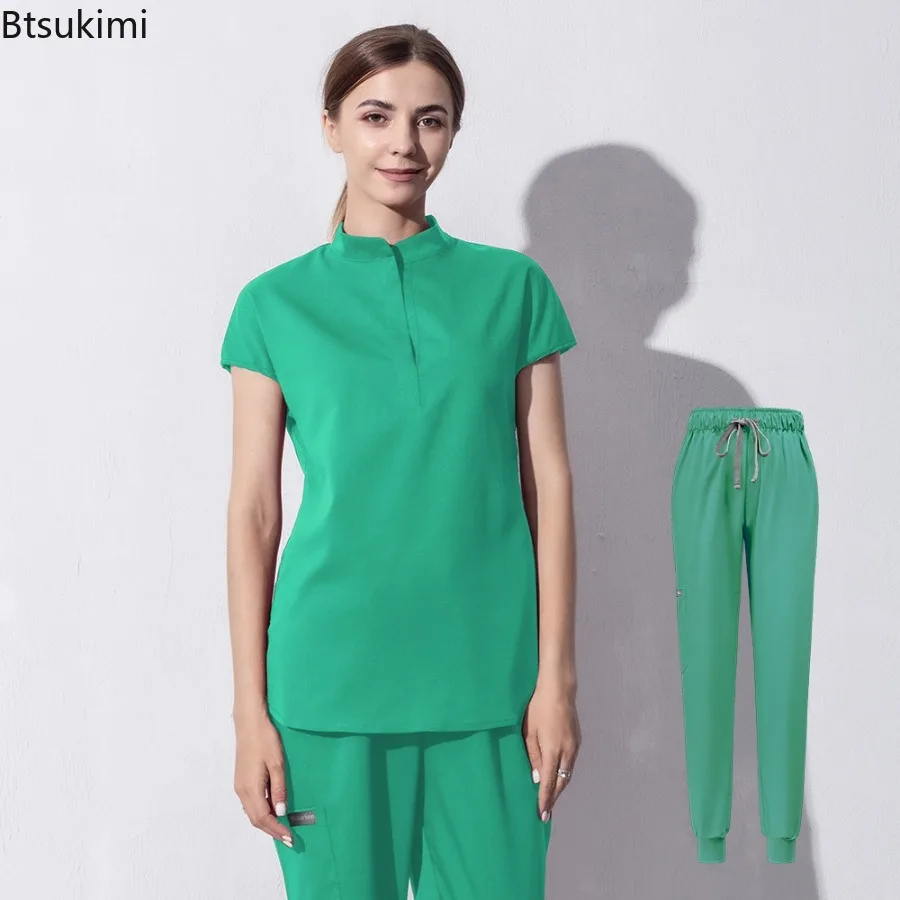 High Quality Denim Gray Scrubs Suits Tooth Check Workwear Spa Uniforms Beautician Scrub Work Suit Wholesale Scrubs Women Uniform view 3