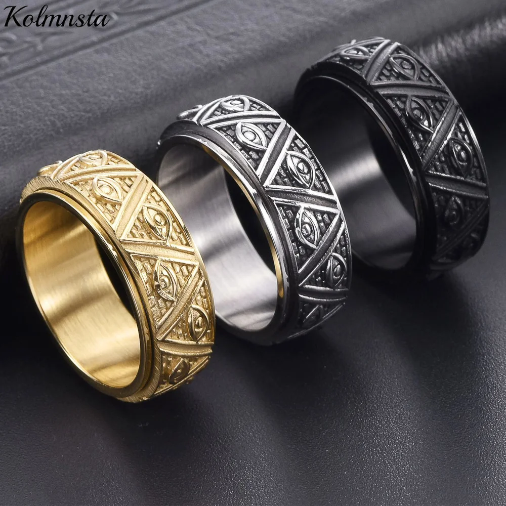 Kolmnsta Retro Triangle Pyramid Eye of God Spinner Ring For Men Titanium Steel Fidget Anxiety Band Amulet Protection Jewelry