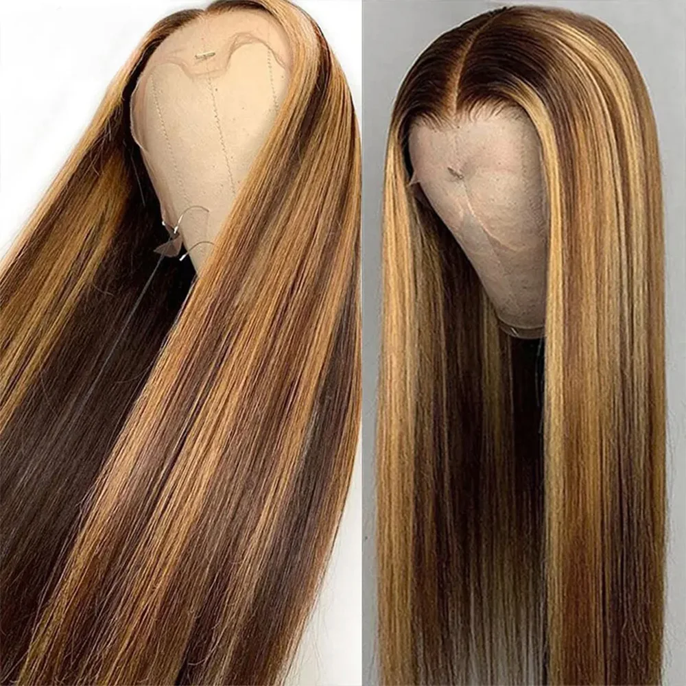 

HD 4/27 Highlight Straight 13x6 Парики фронта шнурка Человеческие волосы Предварительно выщипанные Ombre Медовый блондин Цветной 13x4 Парик фронтальной части шнурка для женщин