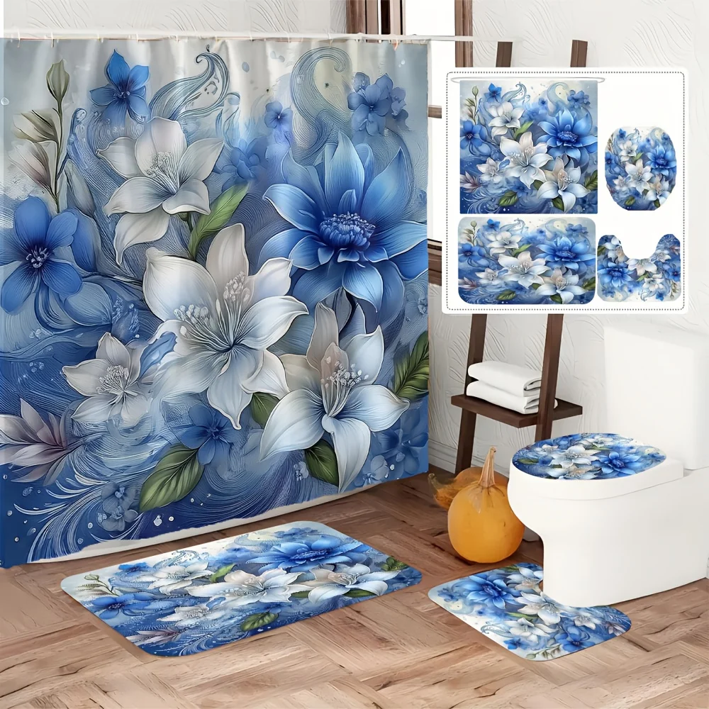 

4pc Blue and white floral swirling pattern bathroom set, shower curtain, bathroom mat, U-shaped mat, toilet mat