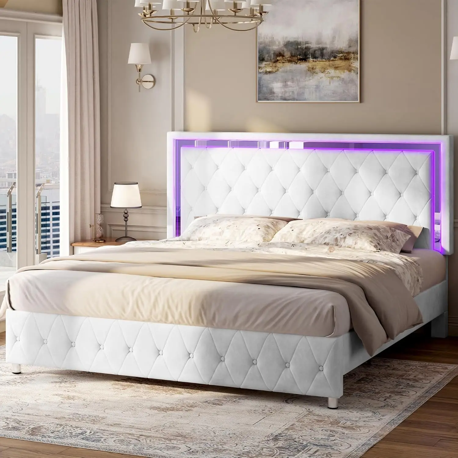 Queen Bed Frame with LED Lights Headboard&Footboard, Velvet Upholstered Queen Size Platform Beds Frame No Box Spring, Customized