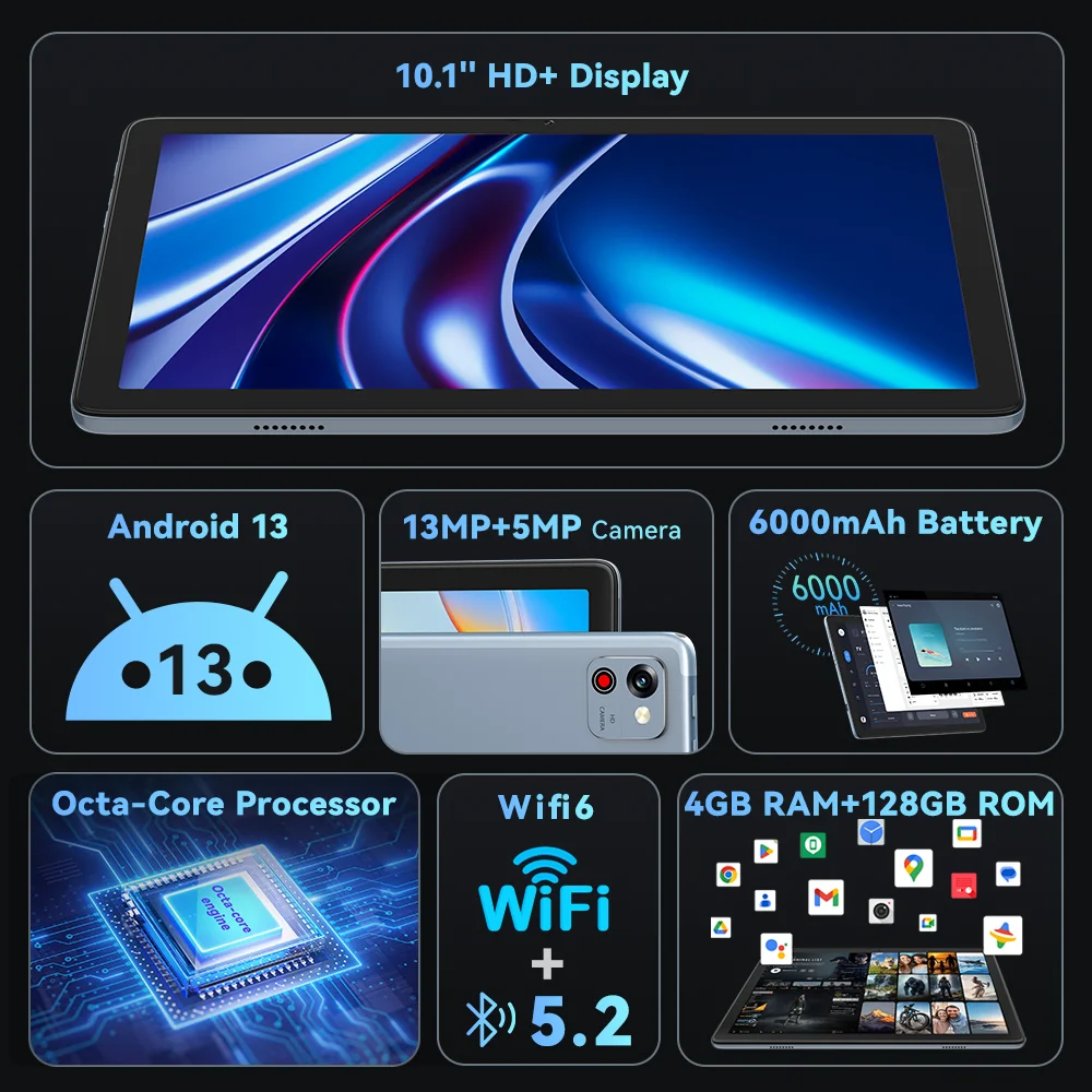 Cubot-Tableta TAB 60 2024, dispositivo con Android 13, ocho núcleos, 8GB de RAM(4GB + 4GB), 128GB de ROM, pantalla HD + de 10,1 pulgadas, 6000mAh GPS, OTG, Wifi 6