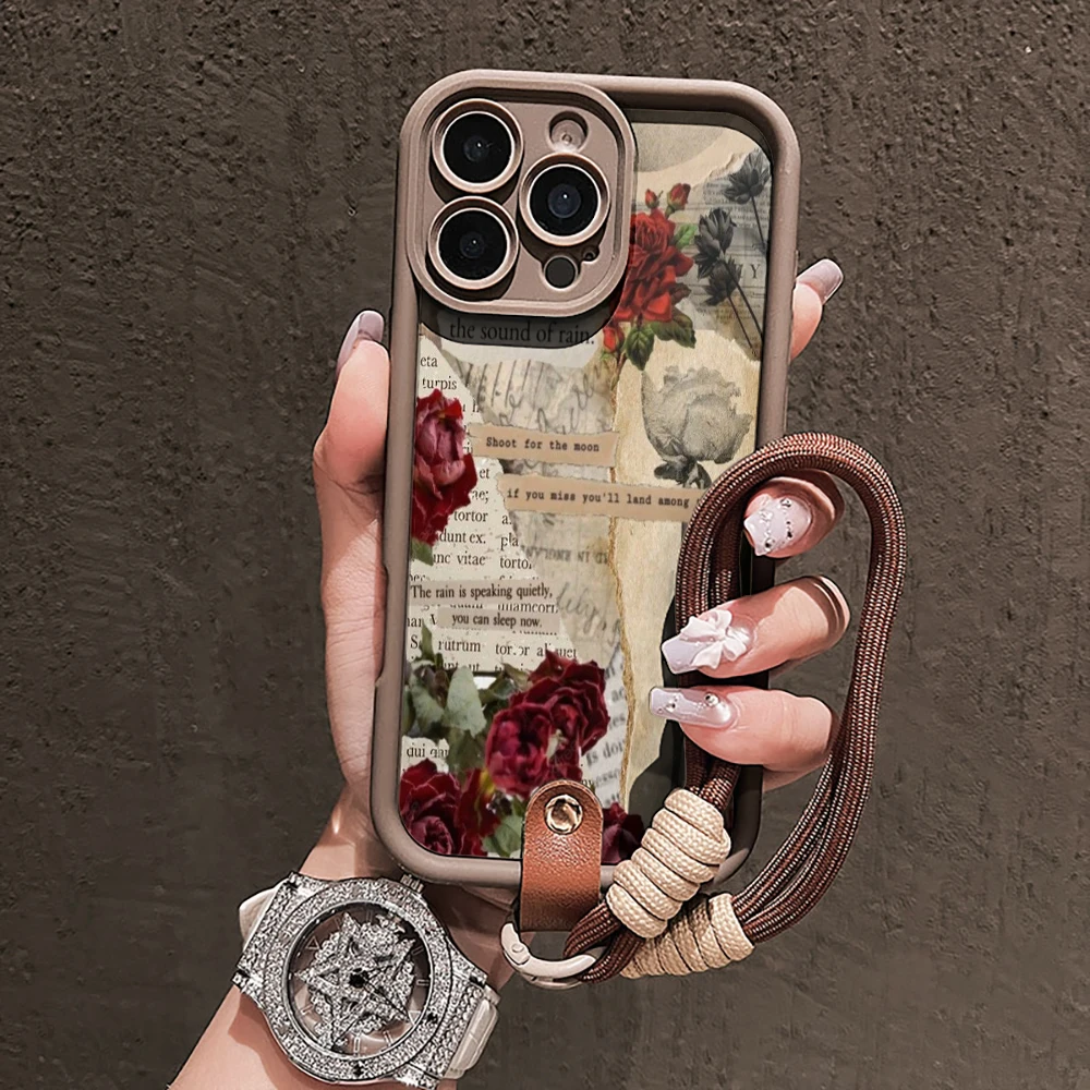 Vintage-Rosen-Silikon-Handyhülle für iPhone 17 16 17 Pro 15 14 13 12 11 Pro Max 16E 7 8 Plus XR XS mit Lanyard Stoßfeste Hülle – Detail 2