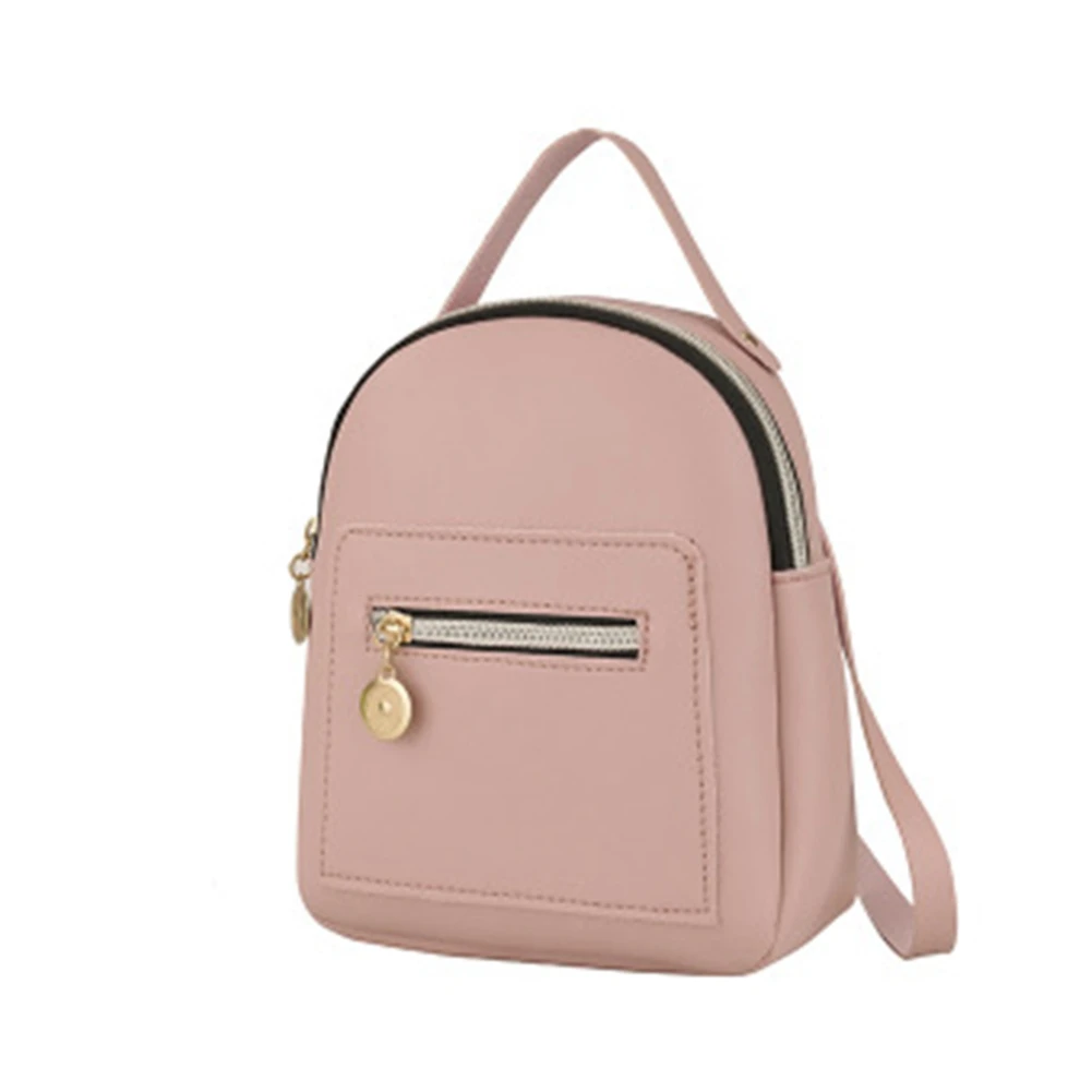 Fashion Ladies One-Shoulder Small Backpack Wallet Mobile Phone Ladies Mini Travel Backpack Pure Color Leather Bag Pink