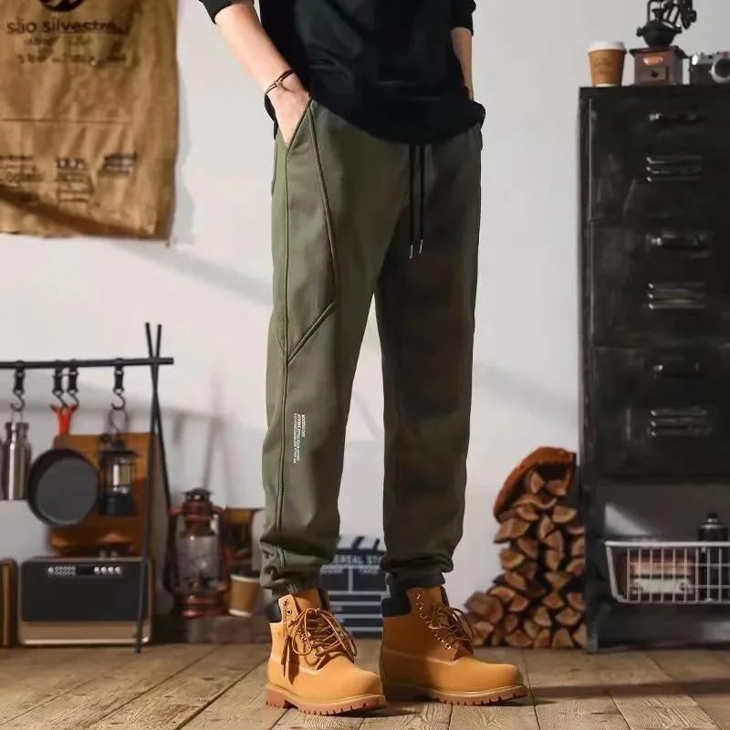 Men's Olive Green Cargo Jogger Pants Drawstring Waist Stitched Detail Casual Loose Trousers