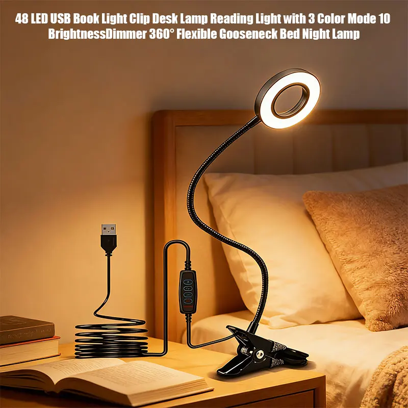 48 LED USB Book Light Clip Desk Lamp Reading Light With 3 Color Mode 10 Brightness Dimmer 360° Flexible Gooseneck Bed Night Lamp
