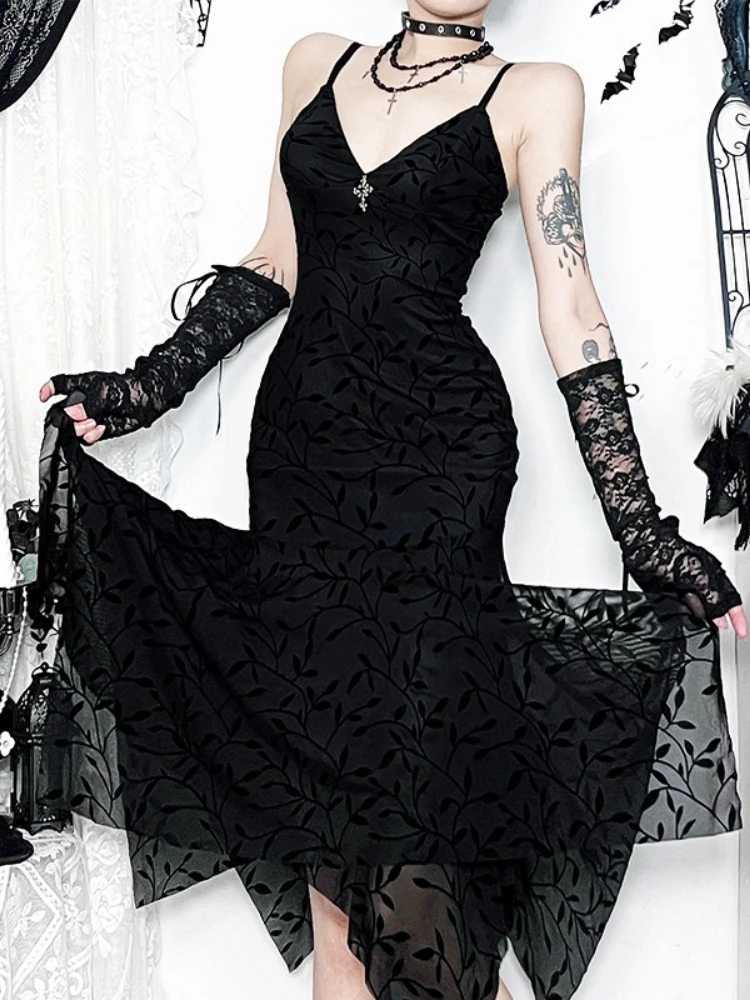AltGoth Fairycore Grunge Gothic Flocking Dress Women Dark Vintage Elegant Spaghetti Strap High Waist Irregular Hem Dress Female