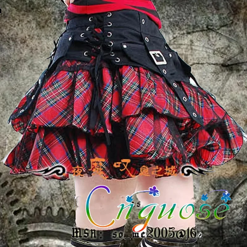 Kill Matt Bandage College Style Red Grid Two Piece Black Punk Gothic Mini Short Cake pleated Skirt for Womens