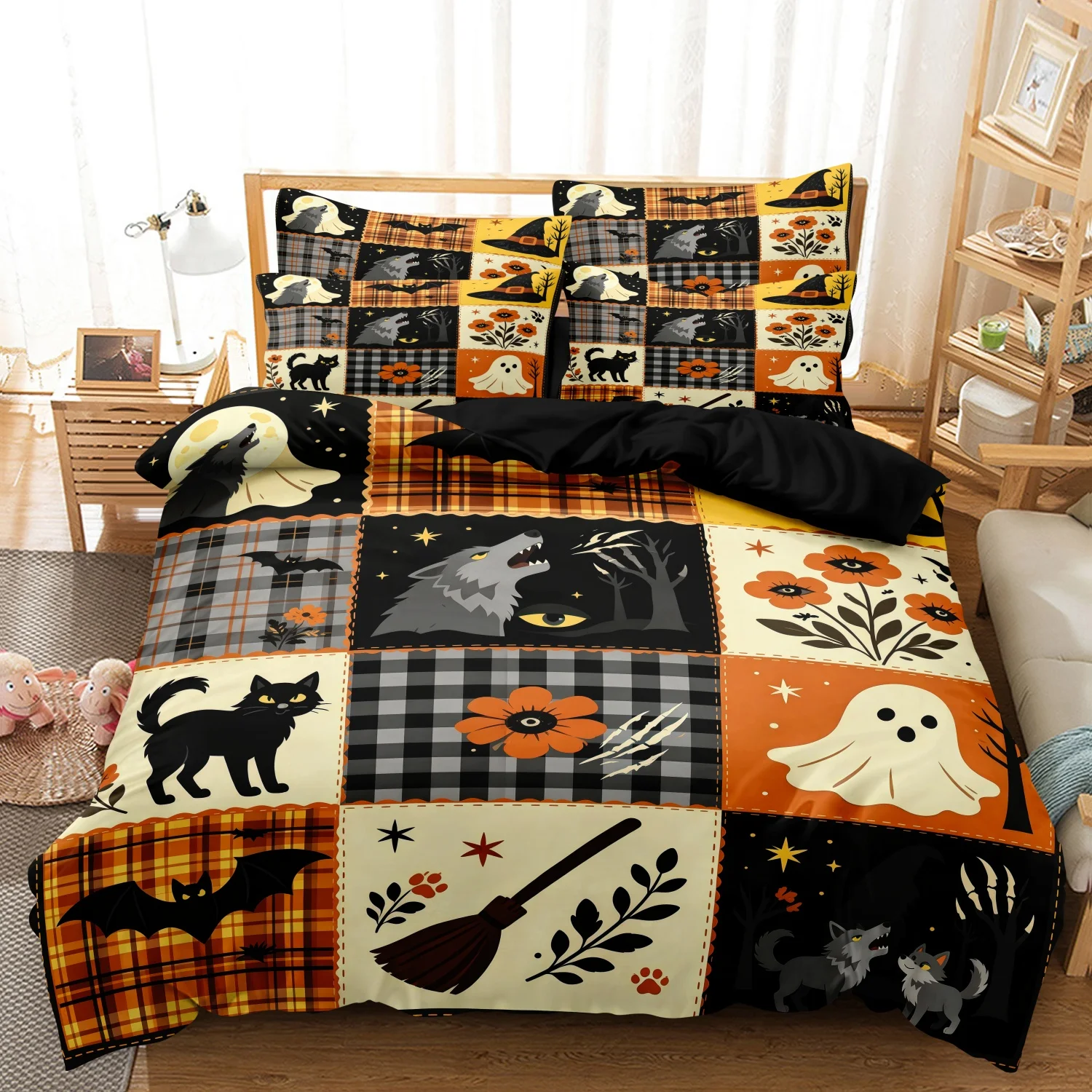 3Pcs Farmhouse Halloween Print Duvet Cover Bedding Set, Patchwork Grid Howling Wolf Black Cat Ghost Bat Broom Print Bedding,