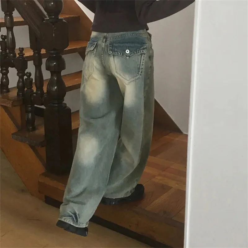 

Винтажные джинсы из денима с эффектом потертости, с высокой талией, широкими штанинами, в повседневном стиле, новинка весны, с карманами, свободного кроя, универсальные женские джинсы