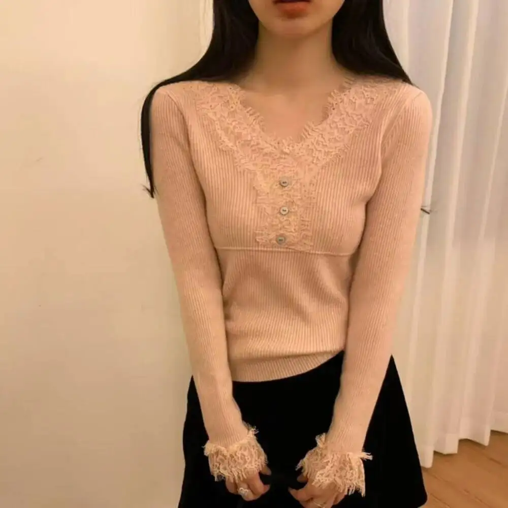 

Элегантный темпераментный вязаный искусственный укороченный топ из двух предметов с v-образным вырезом и кружевом в стиле пэчворк во французском стиле Mujer Feminine Korea Chic Pull Femme