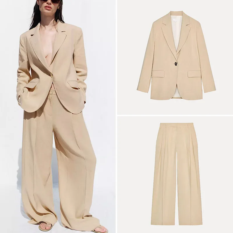 

Z 2025 Summer New Women's Commute Suit Jaet Wide Leg Pants Faion Set Polyester Fiber Long Sve Chinese Brand