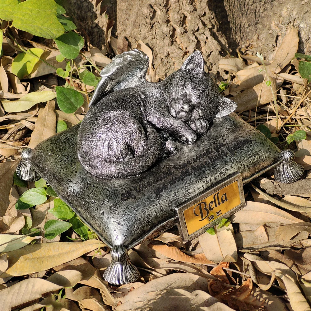 Personalized Pet Urns for Cat Ashes, Resin Pet Cat Memorial Cremation Urns, Angel Cat Memorial Statue Gift