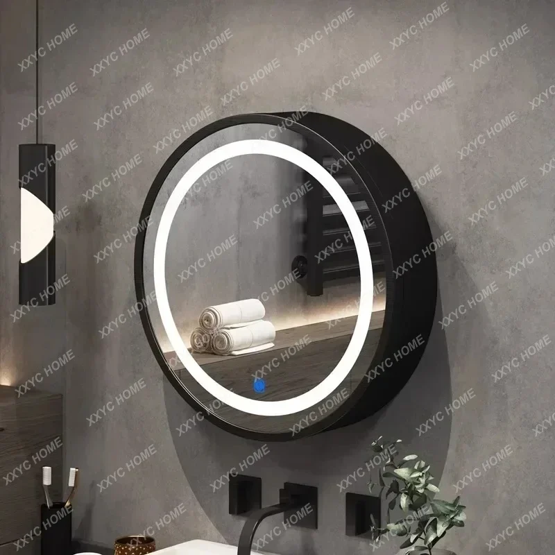 

A Nordic LED smart bathroom mirror cabinet, solid wood bathroom wall-mounted round vanity mirror with storage rack