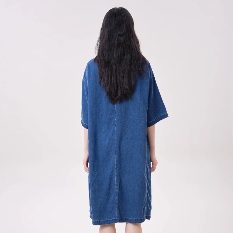 MOVEUP Lyocell Denim Dress Polo Collar Heart Cat Embroidery Dresses Side Pockets Loose Dropped Half Sleeve Midi Dress 3ELX41308 view 3