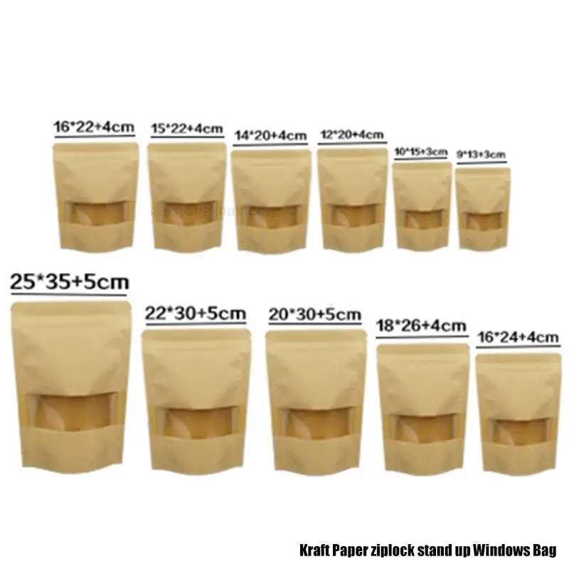 50/100pcs 13sizes Zipper Lock Kraft Paper Window Bag Stand Up Gift Dried Food Fruit Tea Packaging Pouches Self Sealing Bags