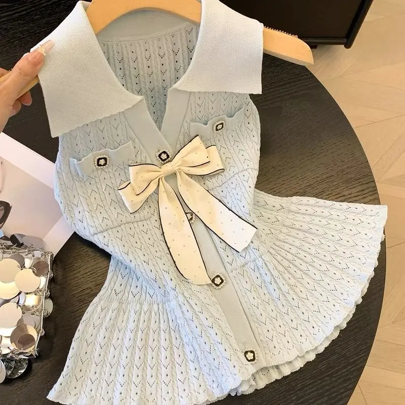 

Summer Korean Fashion Bow Turn-down Collar Hollow Out Tank Top Female Knitting Buttons Fashionable Slim Top Tee Women Clothing