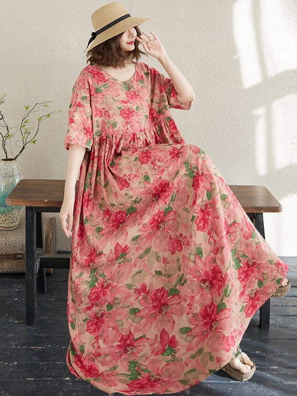 Summer New plus Size ort Sve round Ne Print Long Dr Faionable Simple Cross-Border Women's Dr Cotton Viscose Blend