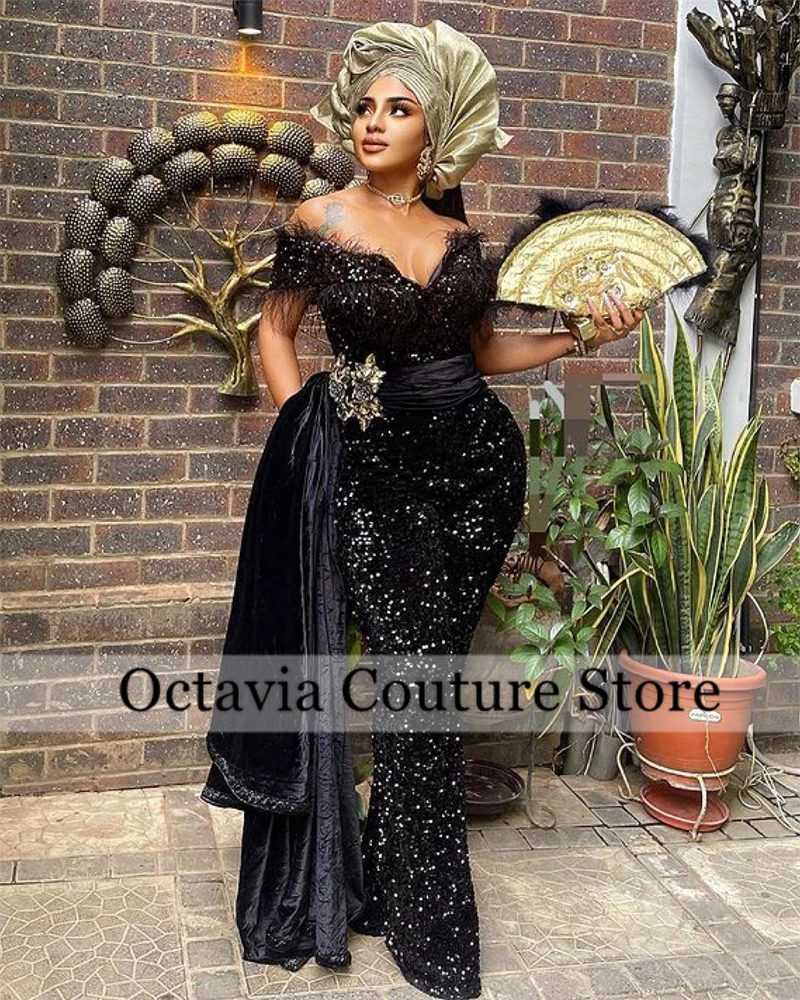 

Aso Ebi Black Feather Off Shoulder Evening Dresses Bead Crystal Luxury Dress Birthday Sequin Side Tail Formal Gown Customized