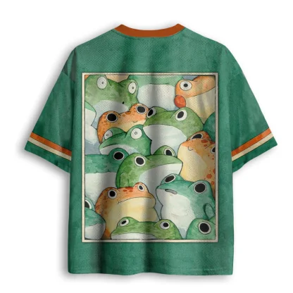 Cute Cartoon Frog Group Watercolor Print Men V Neck Mesh Jersey Green Short Sleeve Tops