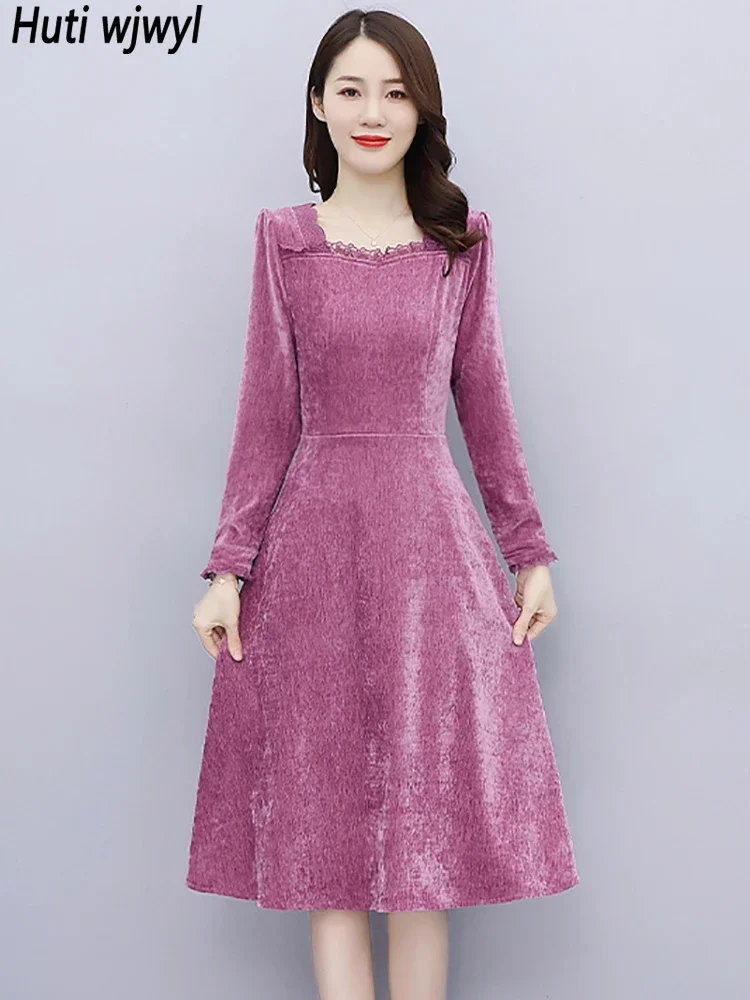 Autumn Winter Corduroy Vintage Midi Vestidos Women Long Sleeve Chic Lace Sqaure Collar Dress 2024 Elegant Festival Party Dress