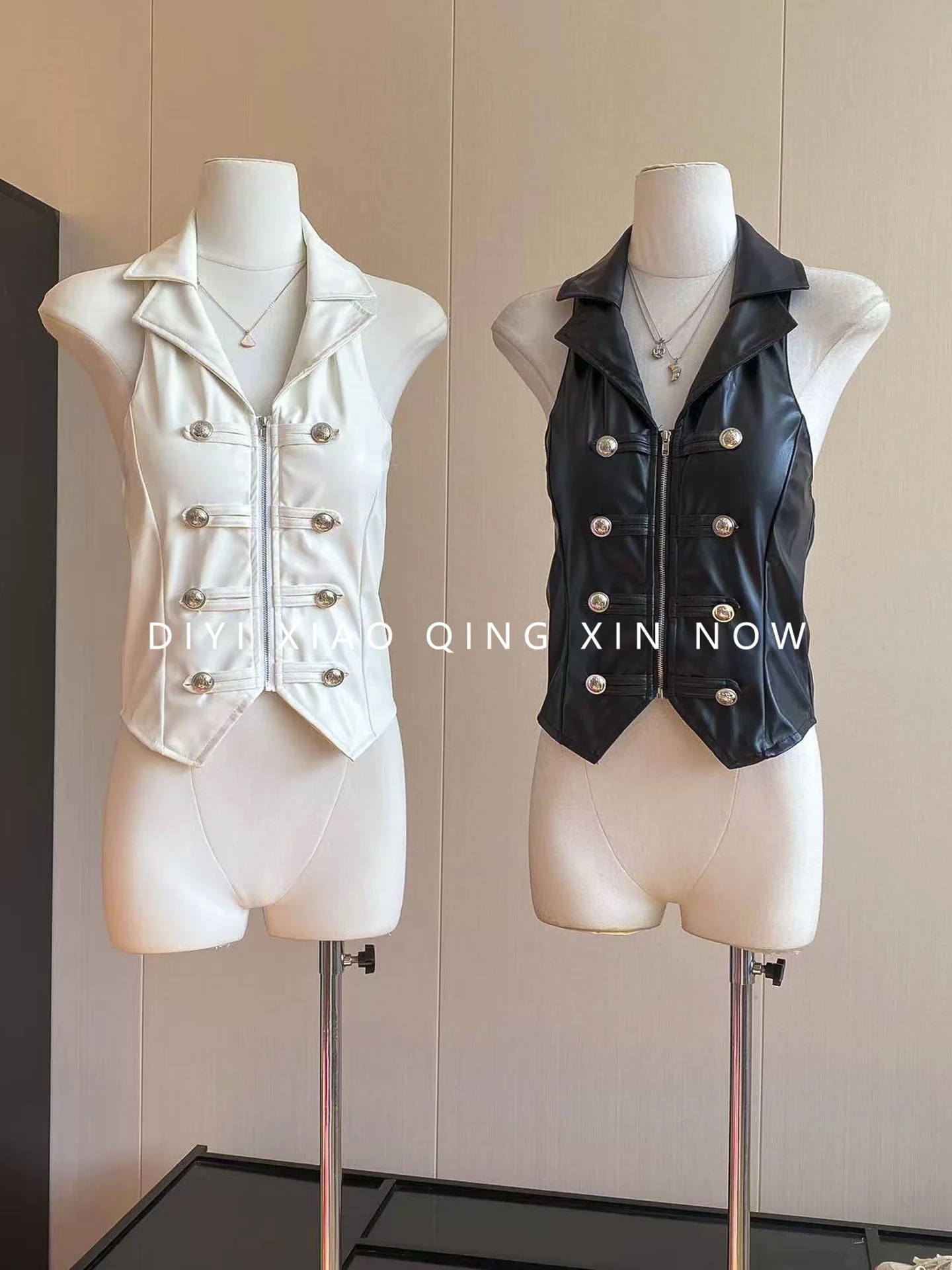 Y2K Motorcycle Style Zipper Leather Vest Women's Design Double Button Slimming Short Outerwear Top Fashionable Trendy