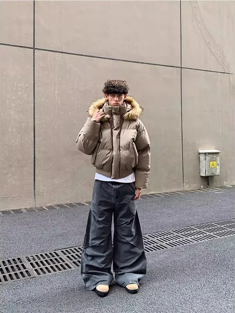 

Retro American Sle Removable Fur Collar Hat ort Cotton Jaet Men's Winter Warm Loose Versatile Cotton Clothes Jaet