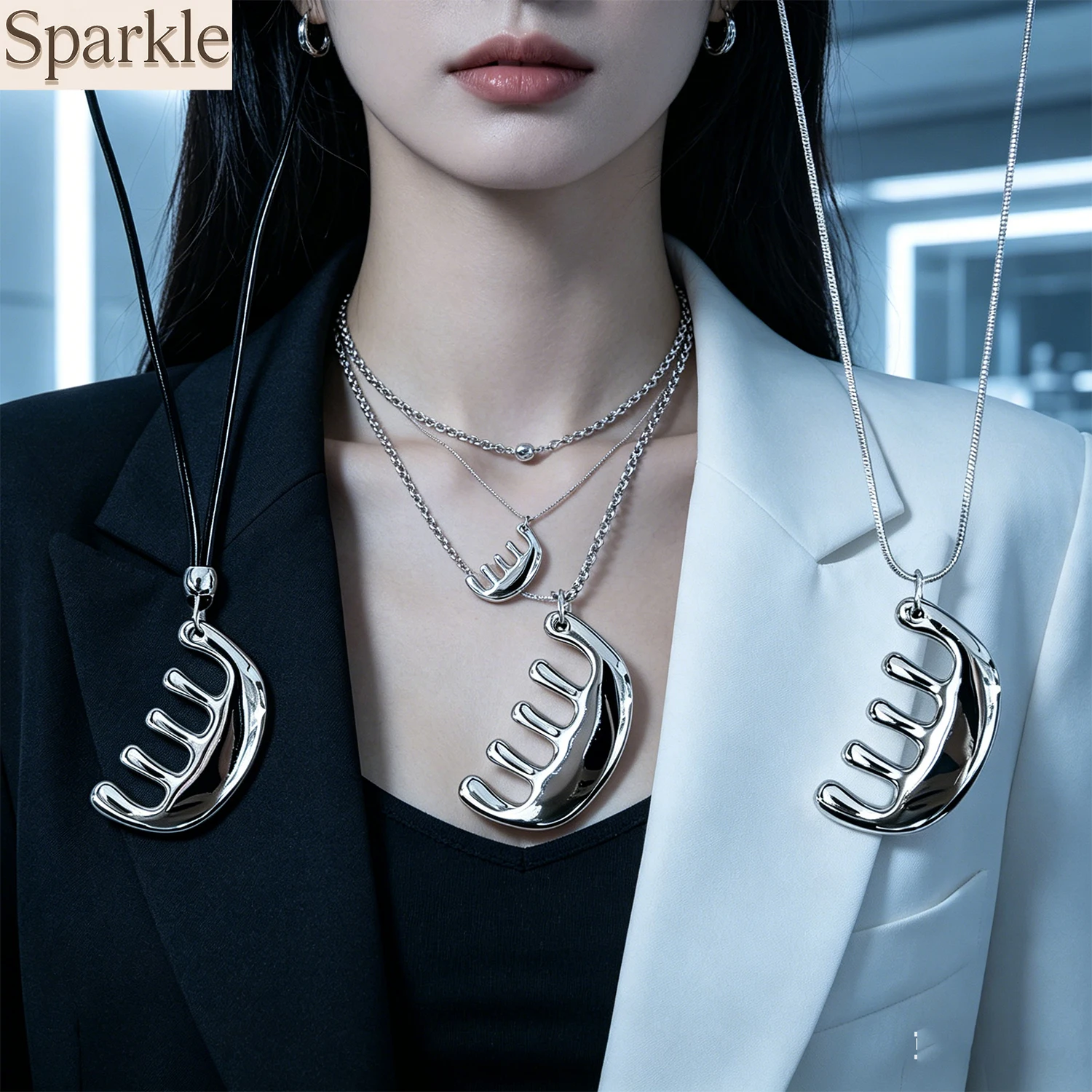

Elegant Silver Tone Gua Sha Comb Necklace with 3 Chain Styles for Daily Wear And Special Events