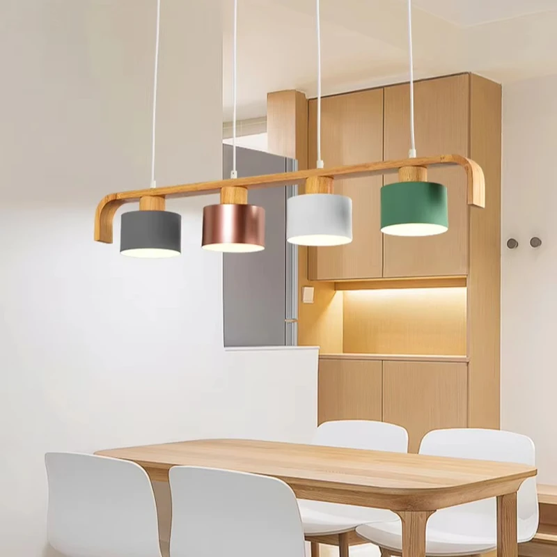 SANDYHA Nordic LED Chandeliers Metal Lustre Wood Line Kitchen Pendent Lights Dining Living Room Home Decor Hanging Lamp Fixtures