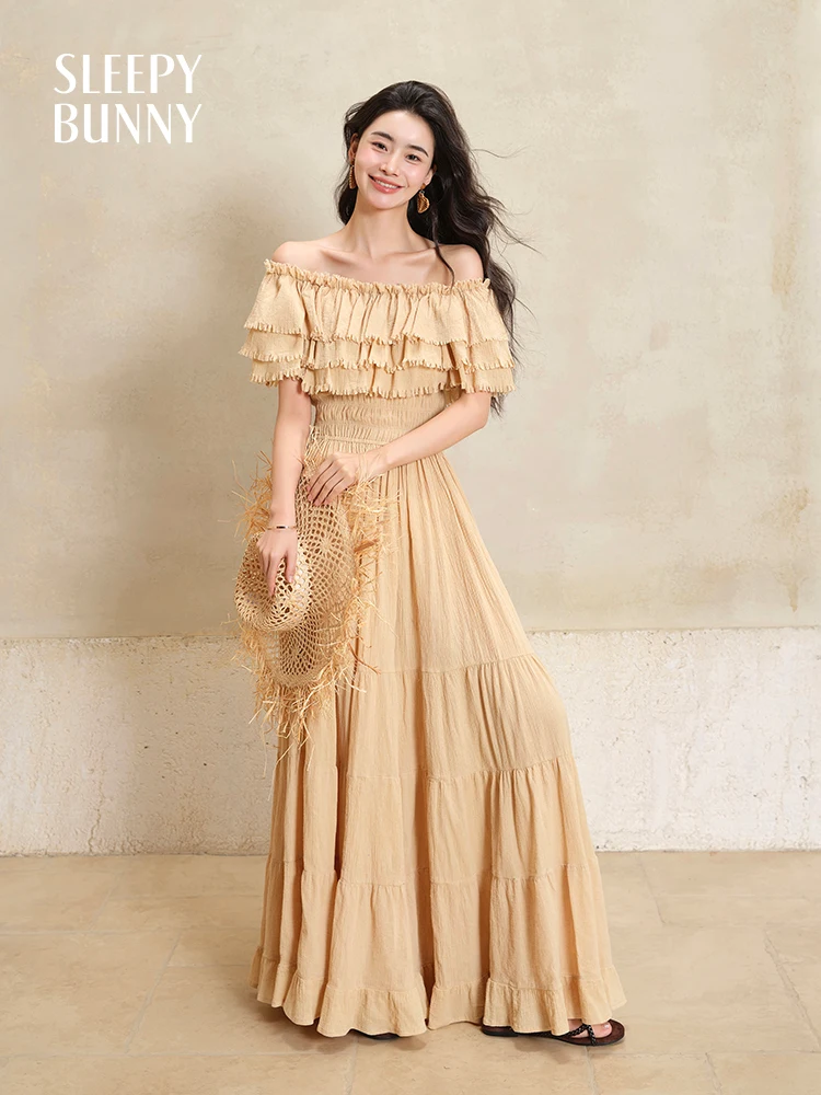 

French Style Off Shoulder Maxi Dress Women Summer Ruffle Sleeve High Waist Pleated Tiered Long Dress Elegant Holiday Outfit