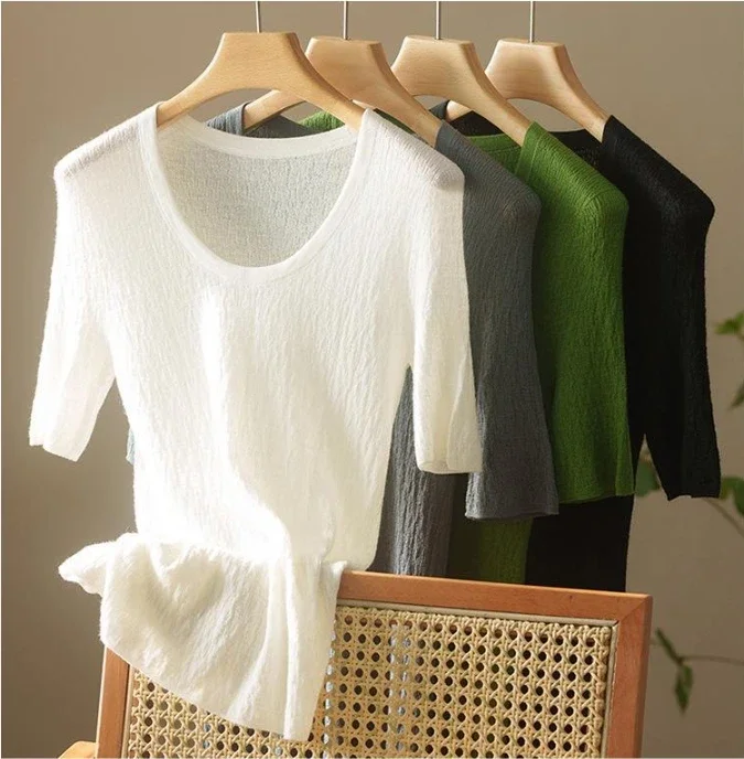 Damen-T-Shirt aus 100 % australischer Wolle, elegantes, dünnes, nahtloses Strick-T-Shirt mit U-Ausschnitt, halbärmeliges, lässiges, elastisches Damen-Frühlings-T-Shirt