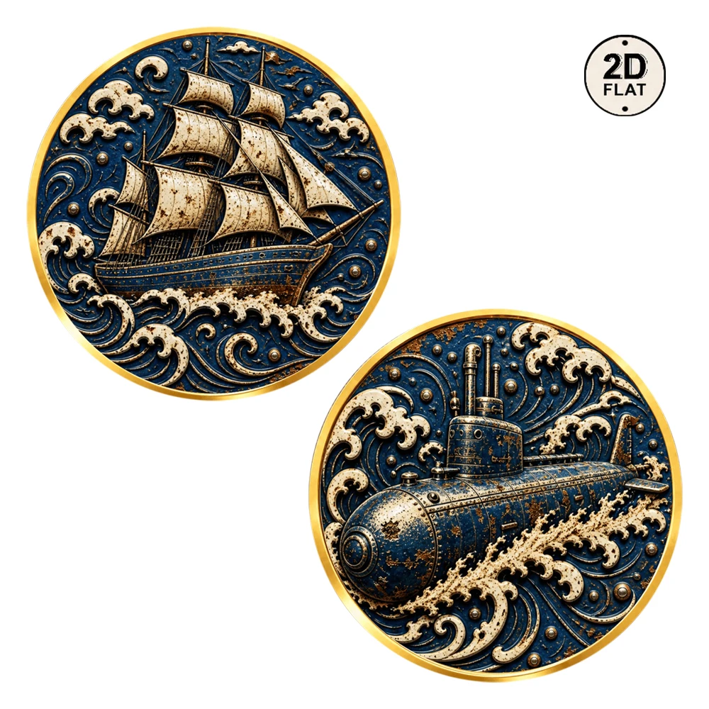 1pc Vintage Sailing Ship & Submarine Nautical Commemorative Coin Color Print Ocean Wave Collectible Coin Gift for Maritime Lover