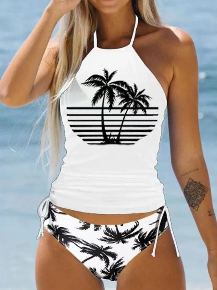 Summer Beach Style Women\'s Tropical Bikini Neck Tie Backless Drawstring Ruched Design Low Waist Printed Female Trendy Swimwears