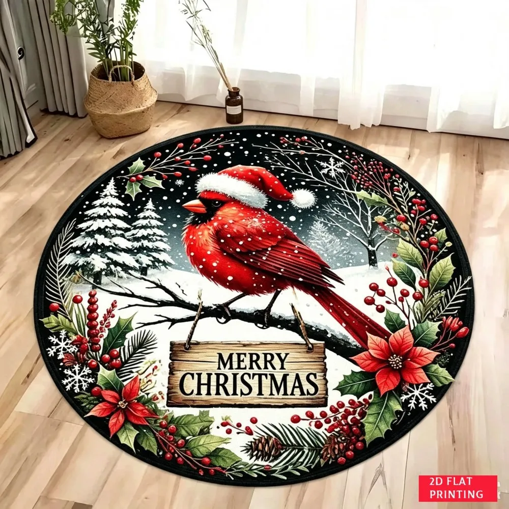Christmas Round Area Rug Cardinal Bird Poinsettia Flower Floral Winter Holiday Non-Slip Floor Mat Carpet for Living Room Bedroom